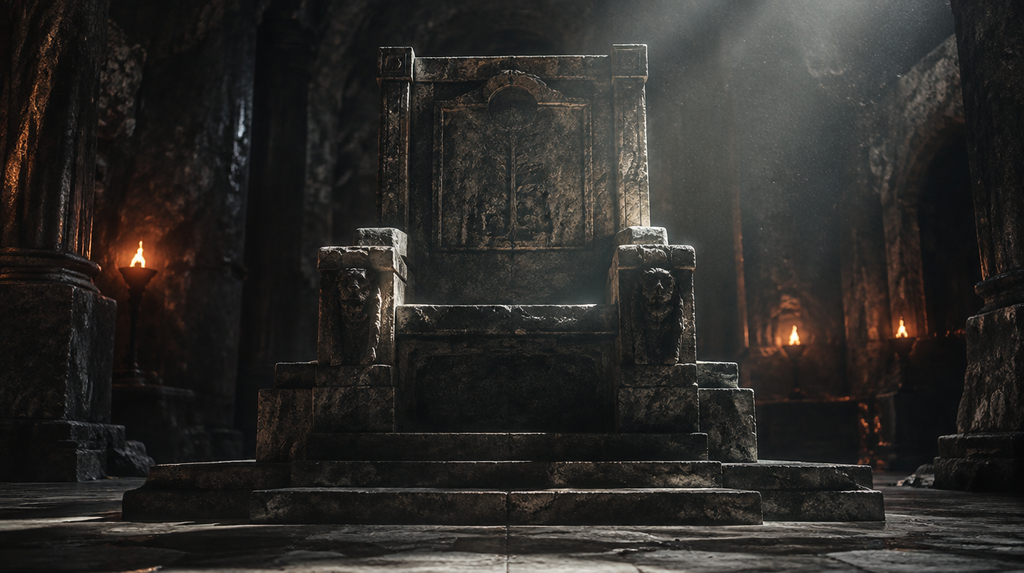 Empty stone throne in a dimly lit chamber of the underworld