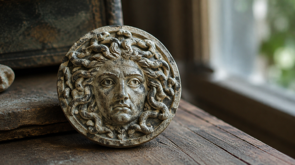A carved Gorgon medallion representing the long history behind the Medusa Victim or Monster question