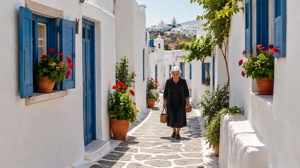A quiet whitewashed village lane representing Santorini beyond the postcards everyday life