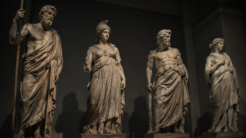 Ancient marble statues representing figures from the 12 Olympian Gods