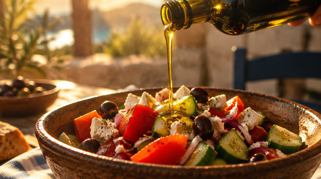 Olive oil being poured over an Authentic Greek Salad in golden light