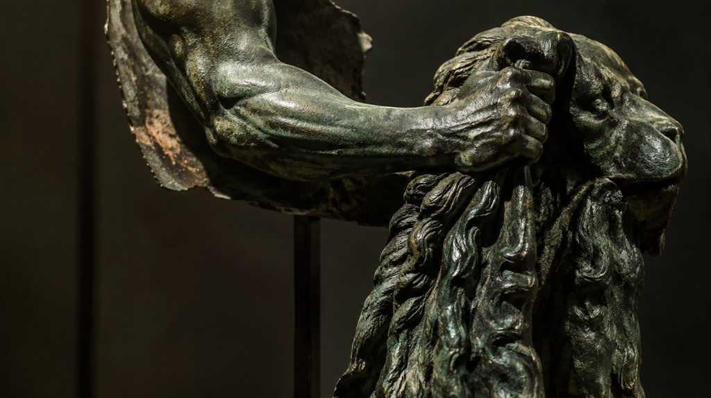Ancient bronze statue fragment representing the Labors of Hercules