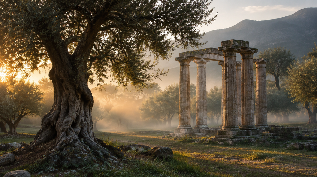 Ancient temple columns in an olive grove linked to Zeus King of the Gods worship