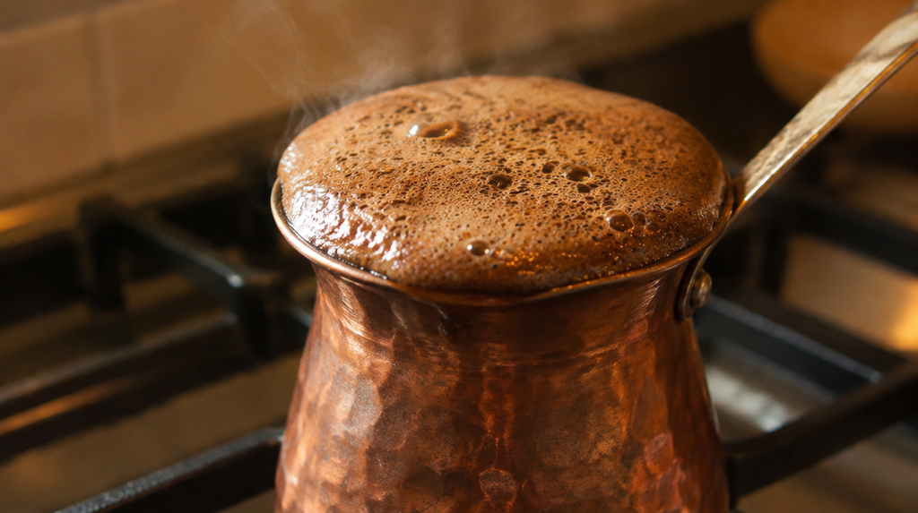 Greek Coffee foam rising to the rim of a briki pot on the stove