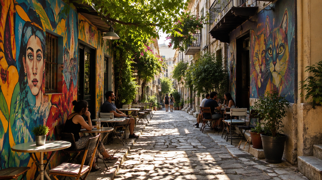 Colorful street art and cafes in an Athens neighborhood
