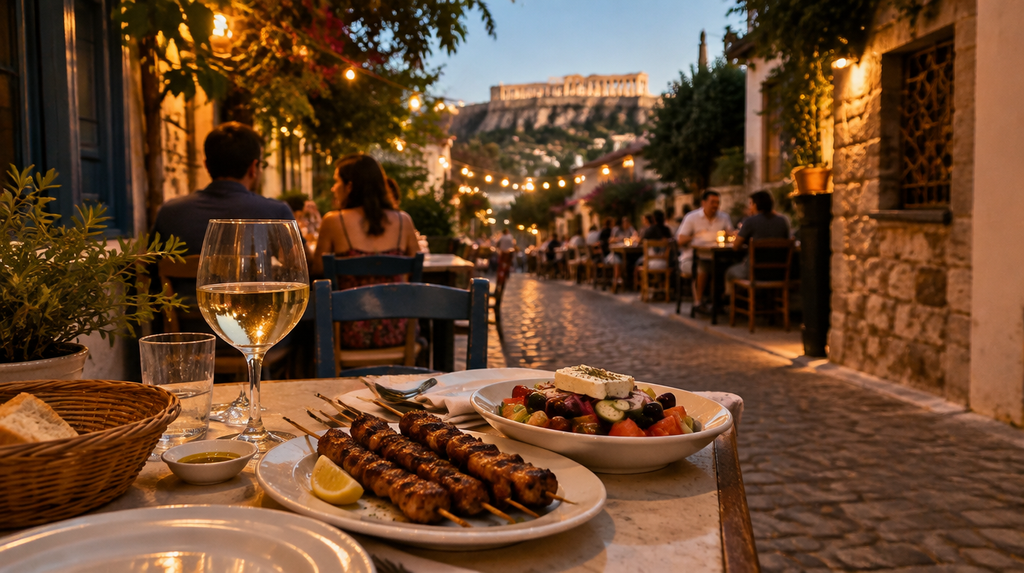 Outdoor taverna dinner on a cobblestone street in Athens