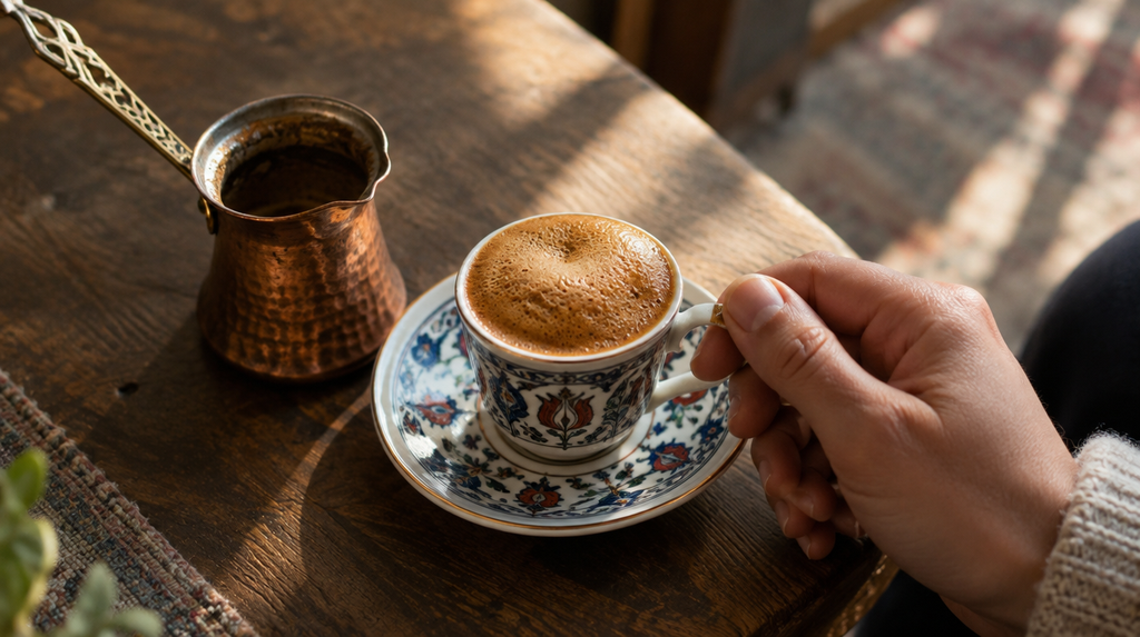 A cup of Greek Coffee with golden foam on a rustic wooden table