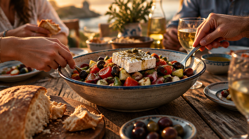 A shared table scene featuring an Authentic Greek Salad with bread and hands reaching in