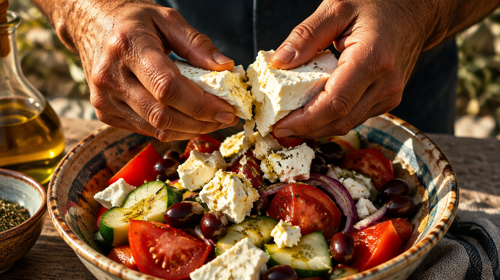 Hands tearing feta over vegetables in an Authentic Greek Salad