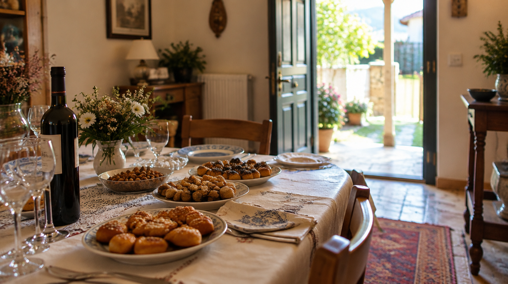 A table set for a Greek Name Day celebration with an open front door