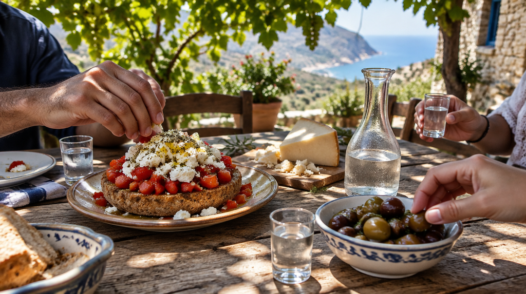 Cretan lunch with dakos, local cheese, and raki on a rustic table