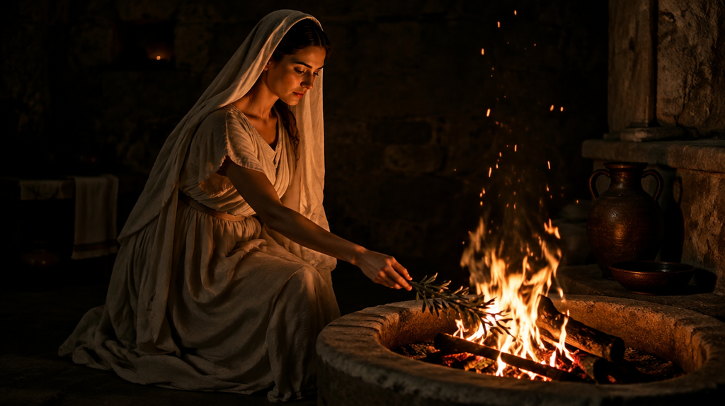 A woman in ancient Greek robes tending a sacred hearth fire, a portrait of Hestia Goddess of the hearth