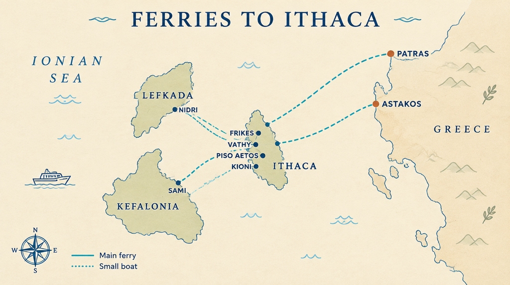 A map infographic of ferries to Ithaca from Patras, Astakos, Sami and Nidri to the island’s ports