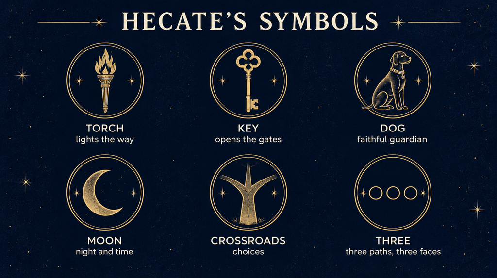 An infographic of Hecate’s symbols: torch, key, dog, moon, crossroads and the number three