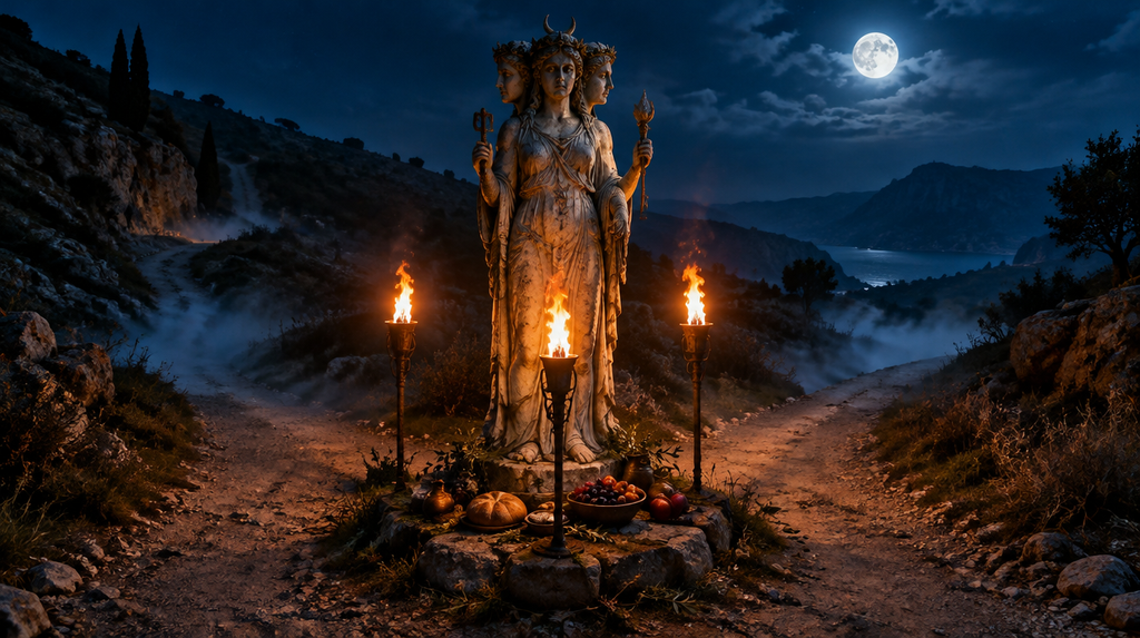 A three-faced statue at a moonlit crossroads with torches, a scene of Hecate Goddess of the crossroads