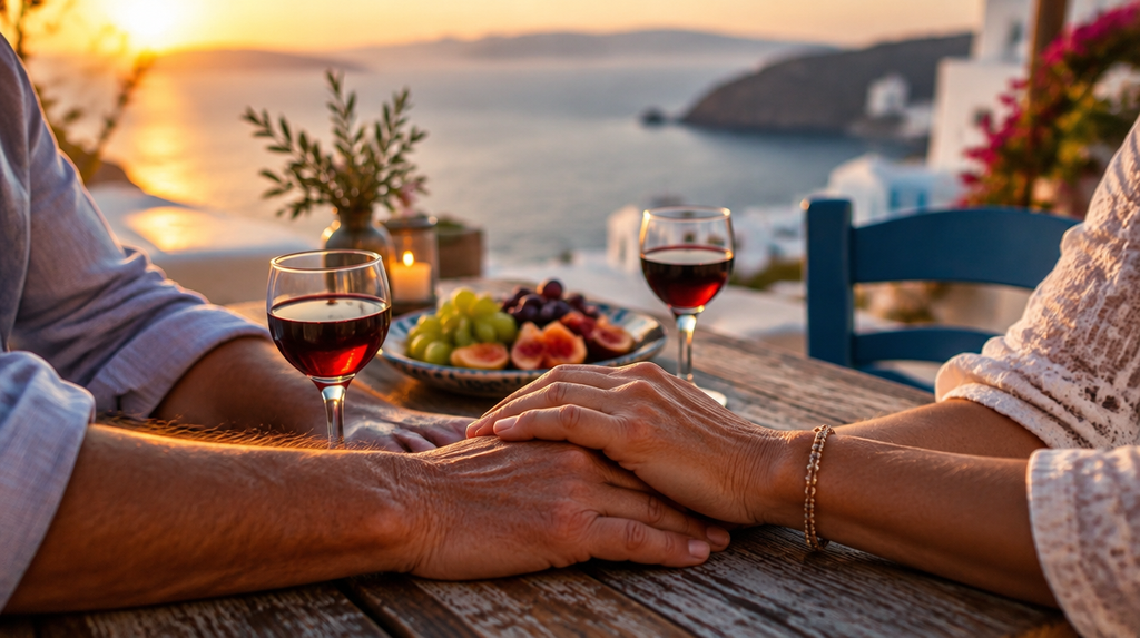 An older couple’s hands resting together at a taverna table, a moment of love in the spirit of Aphrodite Goddess of Love