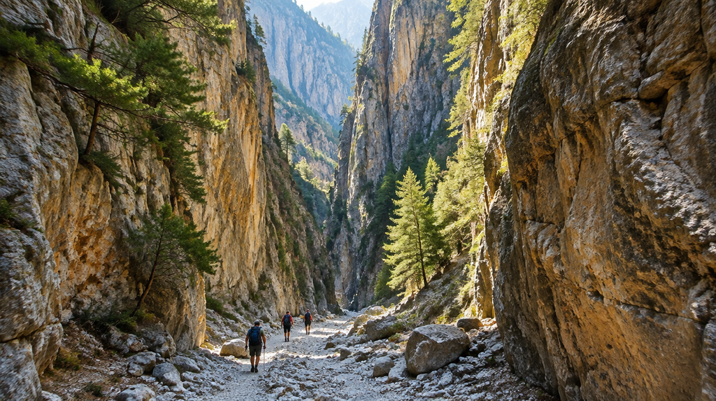 Hikers walking through a tall limestone gorge on Crete Island