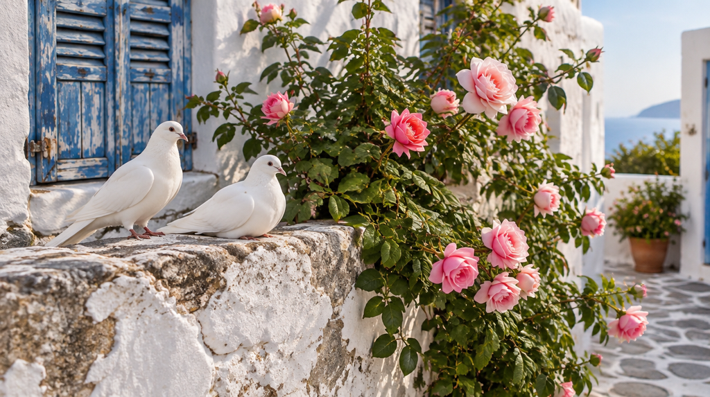 White doves beside a rose bush in a whitewashed Greek courtyard, symbols linked to Aphrodite Goddess of Love