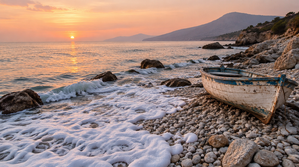 Sea foam on a rocky Mediterranean shore at sunrise, where Aphrodite Goddess of Love was said to be born