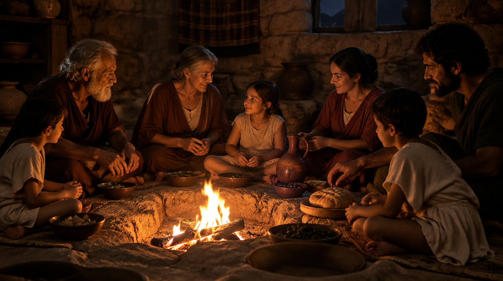 An ancient Greek family gathered around a hearth at night, showing the home that Hestia protected