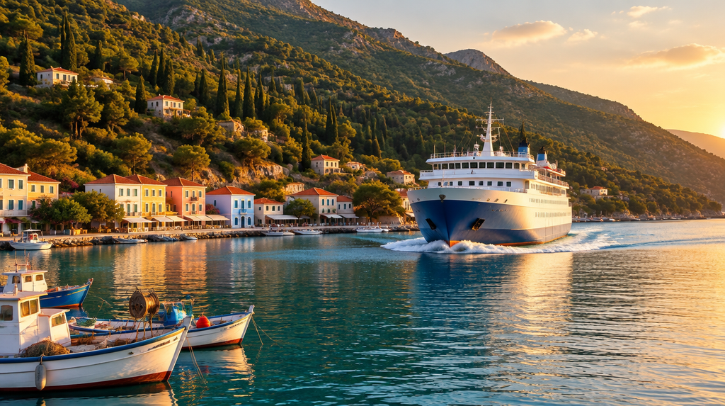 A passenger ferry entering the sheltered harbor of Ithaca, one of the main ferries to Ithaca at golden hour