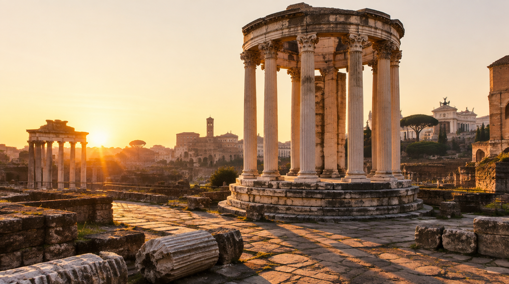 The round ruins of the Temple of Vesta in the Roman Forum, linked to Hestia Goddess of the hearth