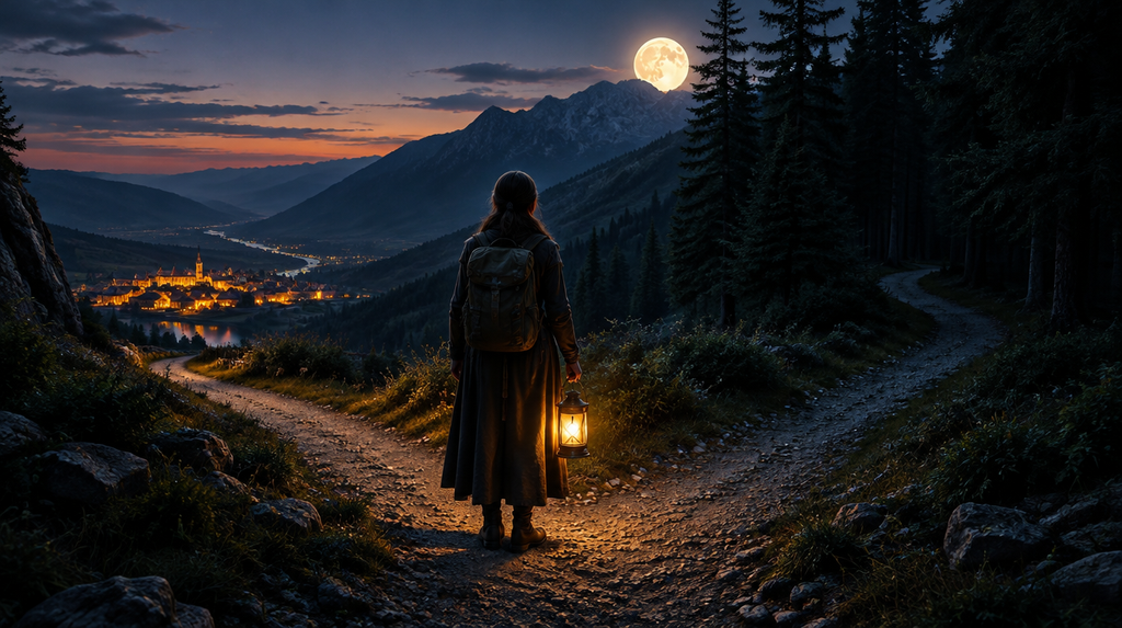 A traveler with a lantern at a fork in a moonlit mountain path, a symbol of Hecate Goddess of the crossroads