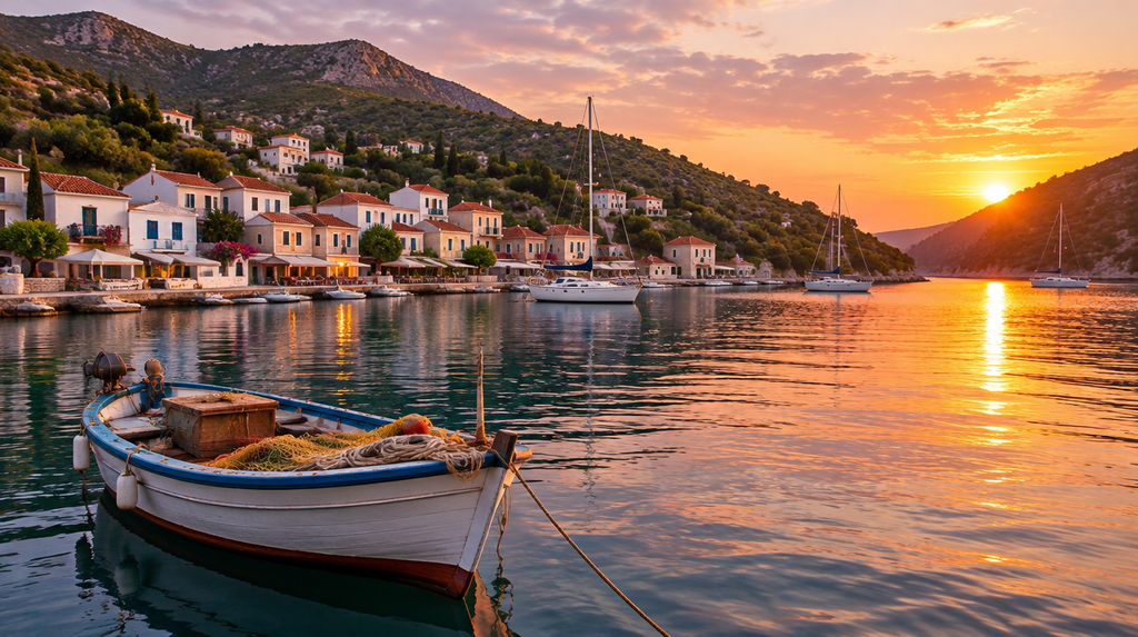 A village harbor on Ithaca at sunset, reached by one of the ferries to Ithaca
