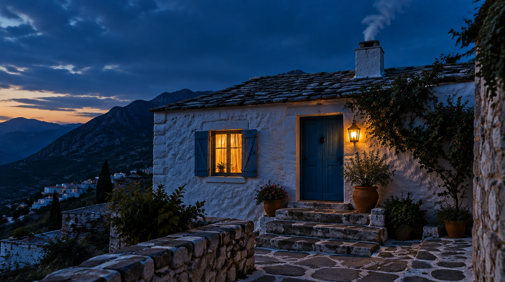 A glowing window and chimney smoke at dusk in a Greek village house, the warmth Hestia Goddess of the hearth stood for