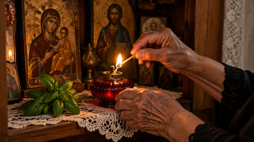 An elderly Greek woman’s hands lighting an oil lamp at a family icon shelf, a modern echo of Hestia Goddess of the hearth