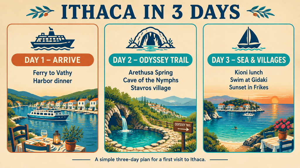 A three-day Ithaca itinerary infographic showing arrival, the Odysseus trail and villages and beaches