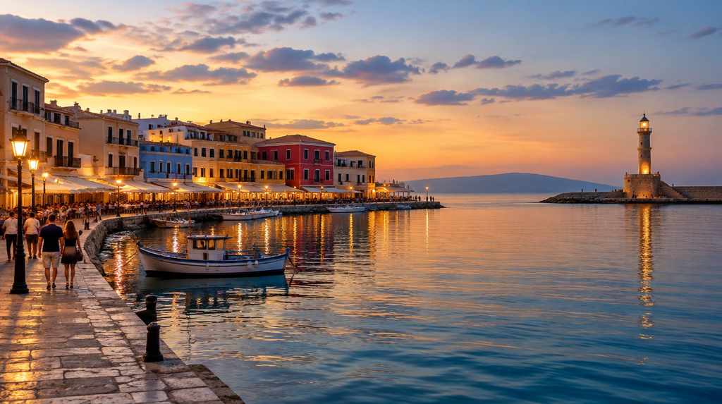Venetian harbor and lighthouse at dusk in Chania on Crete Island
