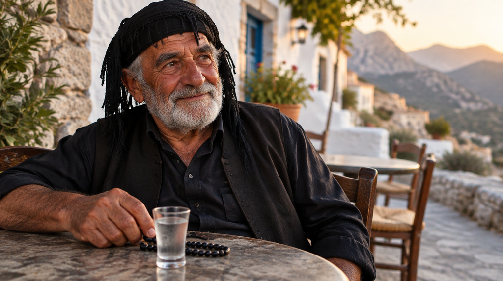 Elderly man at a mountain village cafe on Crete Island with a glass of raki