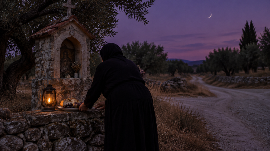 An elderly woman leaving food at a roadside shrine at dusk, echoing rituals linked to Hecate Goddess