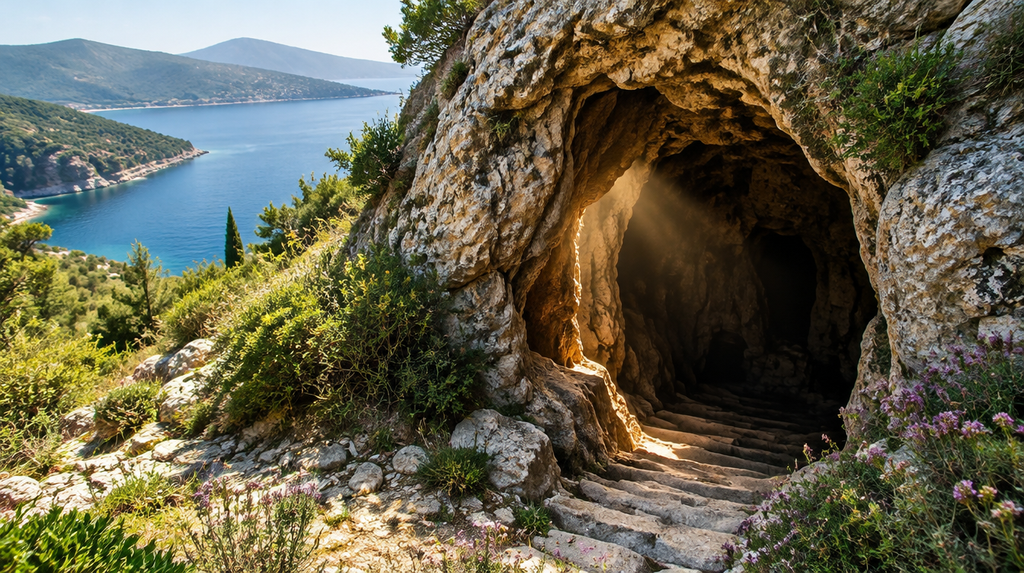 A sunlit cave entrance above the sea on Ithaca, one of the sites on the Odysseus trail near the ferries to Ithaca