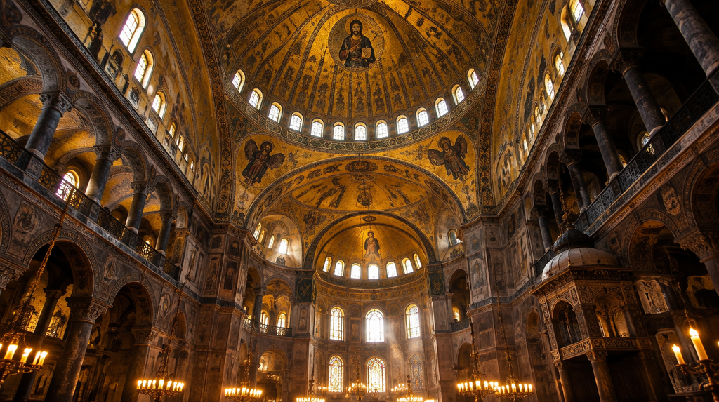 Byzantine church interior with golden dome, where Romanos the Melodist served